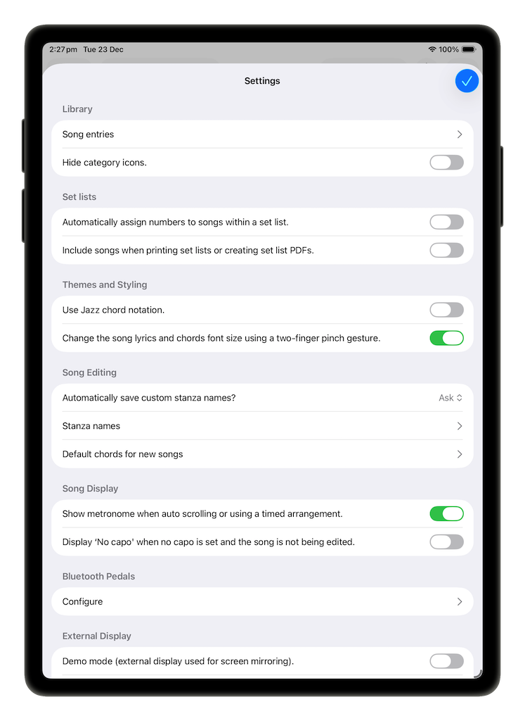 SongSheet Pro's settings menu